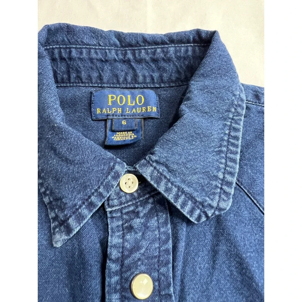 Polo Ralph‎ Lauren Western Denim Shirt Kids 6 Blue Short Sleeve Pearl Snap PA51